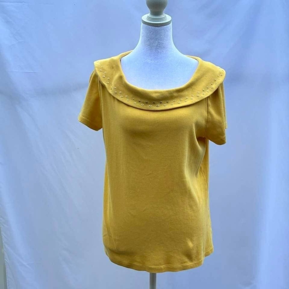 Rafaella Mustard Yellow Embellished Collar Top Large Mustard Cotton Short Sleeve